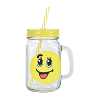 Bocal en verre réutilisable et durable de 16 oz avec poignée, couvercle jaune et paille, motif visage souriant coloré et joyeux, idéal pour les pique-niques en extérieur et l'usage quotidien