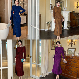 Vestido largo elegante <span class=keywords><strong>de</strong></span> mujer con cuello redondo, manga acampanada estilo Y2K y abertura alta en el muslo - Product Image 6