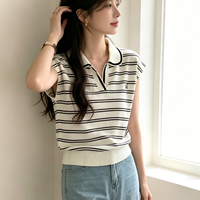 Débardeur en tricot rayé style preppy pour femme, col polo avec broderie, haut en tricot polyvalent, accepte la personnalisation sur échantillon