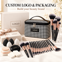 Ensemble de pinceaux de maquillage beige avec logo personnalisé, 46 pièces : bandeau, éponge de maquillage pour le visage, fard à paupières, blush, poudre capillaire et trousse de maquillage