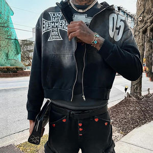 Dongguan produttore di abbigliamento personalizzato da uomo con cappuccio corto da sole sbiadito senza fili 100% righe di spugna francese di cotone ricamato - Product Image 2