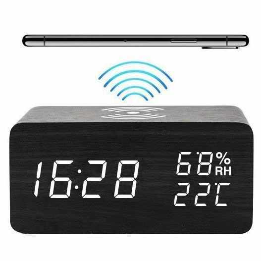 Customizable!Bamboo LCD Digital Desk Alarm Clock Wireless Charger Wooden Electronic Table Clock with Temperature Humidity