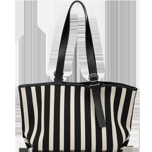 European American Casual <b>Canvas</b> <b>Tote</b> Bag Large Capacity Striped Zipper Women's Shoulder Commuting Beach Polyester All Tanjing - Product Image 5