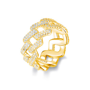 S925 Sterling <b>Silver</b> Moissanite Paved Cuban Link <b>Ring</b> Hip Hop Interlocking Chain Stackable Finger Jewelry For <b>Men</b> Women - Product Image 1