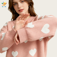 AJB Wholesale Pull en viscose tricoté anti-boulochage pour femme, col rond, manches longues, imprimé cœurs, coupe ample, Fournisseur OEM