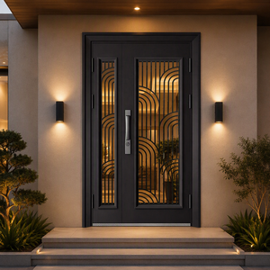 Porta d'Ingresso Principale Moderna in Acciaio Nero <span class=keywords><strong>con</strong></span> Griglia in Vetro ad Arco Art-Deco per Ville, Uffici e Appartamenti - Product Image 1