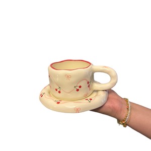 Tazza e piattino in ceramica dipinti a mano <span class=keywords><strong>con</strong></span> fiocco a forma di ciliegia, stile carino e raffinato, direttamente dalla fabbrica Lelyi, tazza da caffè di alta qualità per ragazze. - Product Image 6