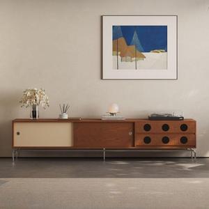Meuble TV en bois massif de style vintage, design nordique rétro, beige, avec rangement, pour salon, support audiovisuel - Product Image 1
