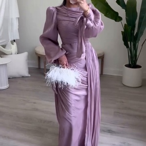 Robe longue plissée à manches longues pour femme avec traîne amovible - Robe de soirée en mousseline transparente tendance - Product Image 2