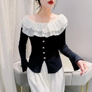 Pull à manches longues pour femme avec col à volants et manches <span class=keywords><strong>évasée</strong></span>s pour l'automne-hiver, style t-shirt sexy - Product Image 4