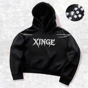 Nueva Sudadera con Capucha Oversize de Streetwear Primavera 2026 para Hombre, con Estampado Gráfico de Letras de Pedrería Personalizado, Hombros Caídos y Corte Boxy Cropped - Product Image 1