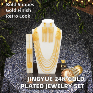 ชุดเครื่องประดับหรูหราเคลือบทอง 24K จาก Jingyue Fashion ประกอบด้วยสร้อยคอ แหวน กำไลข้อมือ ต่างหู สำหรับผู้หญิง เหมาะสำหรับงานหมั้น งานครบรอบ สไตล์อินเดีย - Product Image 2