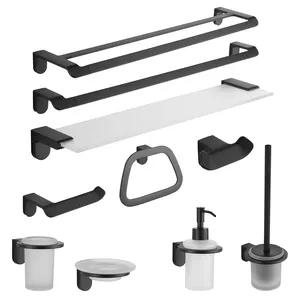 Accesorios de herrajes de baño de montaje en pared negro mate de diseño cuadrado de 6 piezas