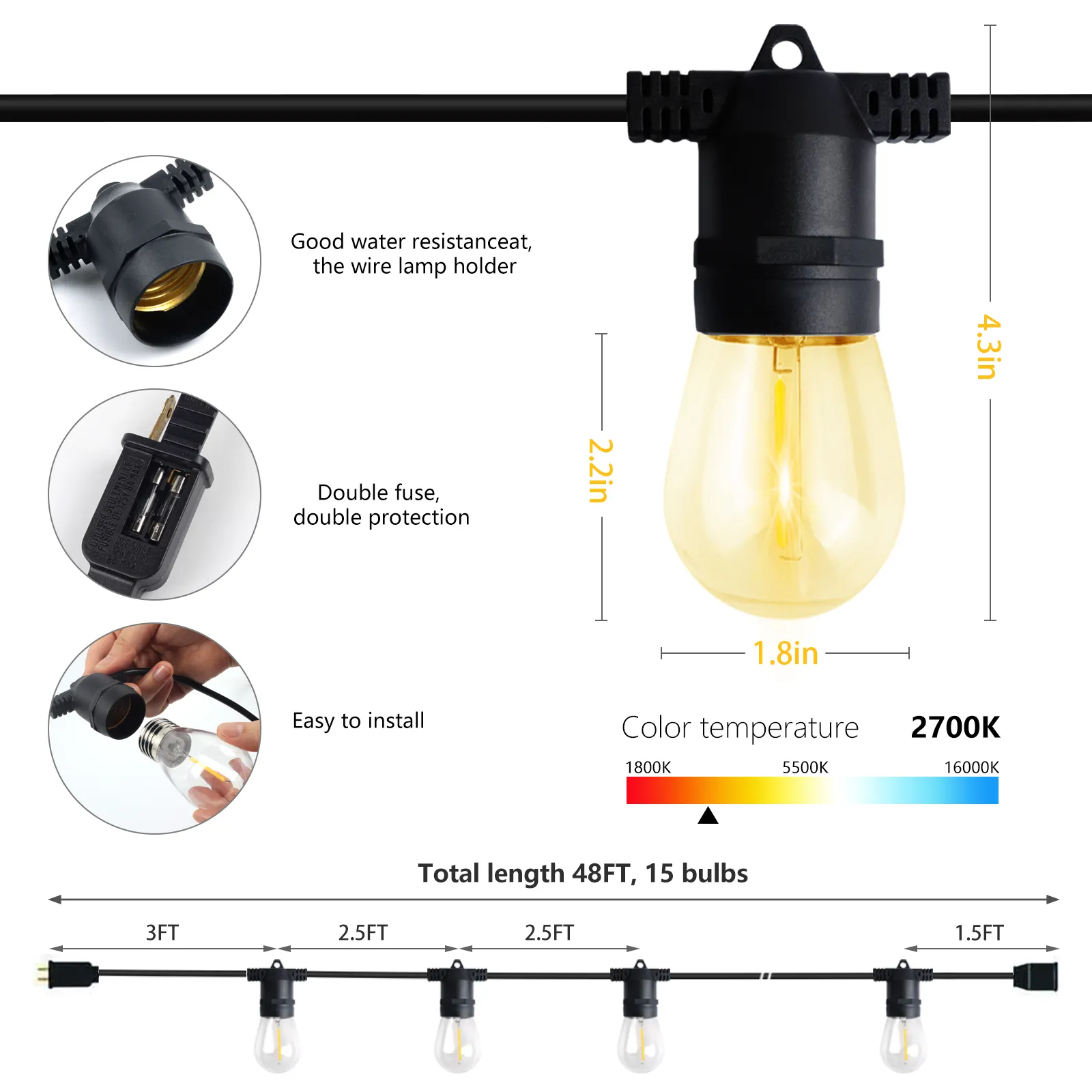 Luci decorative festive 48ft certificate ETL per esterni ip65 15m luci stringa led di grado commerciale s14 e26