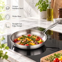 Poêle à frire professionnelle en acier inoxydable 3 plis, base large, rebord droit, hauteur de la poignée optimisée pour la cuisine commerciale