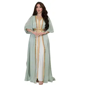 CCY Luxury Fashion Women Abaya Dubai Diamond Muslim Evening Dresses Satin Arabian Long Abaya Dress 3 Pieces Set