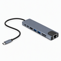 Hub USB-C 8-en-1 en alliage d'aluminium gris OEM ODM avec prise en charge USB 2.1/2.0, USB 3.0/2.0, charge PD et lecteur de carte SD - En stock