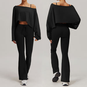 Новейший женский спортивный костюм с индивидуальным логотипом: топ с открытыми плечами и длинными рукавами, расклешенные брюки на шнурке для йоги, фитнеса и танцев - Product Image 3