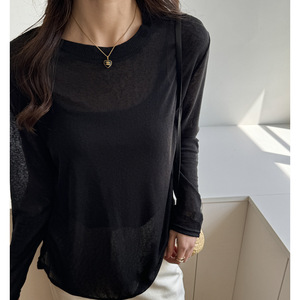 Blusa <span class=keywords><strong>transparente</strong></span> de manga larga de verano, <span class=keywords><strong>camiseta</strong></span> sexy con hombros descubiertos, top de <span class=keywords><strong>tul</strong></span> hueco estilo informal para mujer - Product Image 6