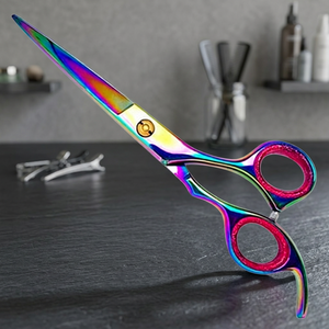 Ciseaux à cheveux professionnels à manche long droit, revêtement couleur arc-en-ciel, pointe de sécurité, style unique, couleur fixe, repose-doigt et embout de sécurité - Product Image 4