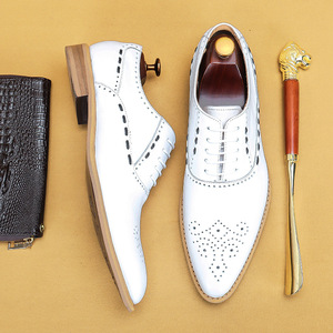 Chaussures Richelieu pour hommes en cuir véritable blanc, à bout pointu, à lacets, respirantes, pour le bureau, toutes saisons, semelle extérieure en caoutchouc - Product Image 2