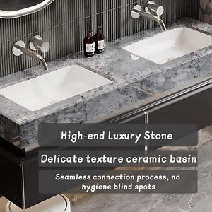 Meuble-lavabo mural <span class=keywords><strong>de</strong></span> luxe moderne gris foncé à double tiroir avec vasque intégrée et armoire miroir LED intelligente anti-buée - Product Image 5