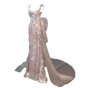 2023 New Sexy Glitter Pink Fishtail Mesh Evening Dress