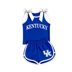 Ensemble d'été personnalisé pour bébés filles, couleur équipe scolaire, imprimé, sans manches, respirant, en Spandex/Coton, avec haut à nœuds aux épaules et short de sport, style boutique - Product Image 3