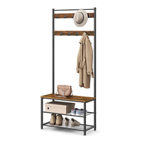 Porte-manteau en métal rustique brun industriel avec rangement à chaussures, banc 3 en 1, arbre de hall, banc d'entrée pour hôtel, salle de bain
