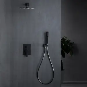 CUPC mat siyah tavan montajlı pirinç gövde banyo şelale duş bataryası seti ile el duş başlığı