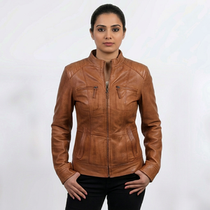 Veste en cuir marron clair pour femme, col montant, multi-zips, style motard, coupe ajustée, fournisseur en gros - Product Image 1