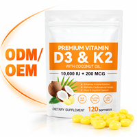 Acentiallabs OEM ODM Capsules personnalisées de Vitamine D3 K2 10000UI 200mcg à l'huile de coco, antioxydant, pour la santé cardiaque, le soutien immunitaire et osseux, 120 gélules