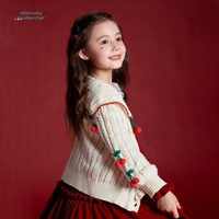 Hidehanky Cardigan pour fille, en coton doux, tricoté, brodé de cerises, col rabattu à volants, pull de Noël