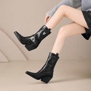 <span class=keywords><strong>Bottes</strong></span> de cow-boy occidentales pour femmes, bout pointu, talon bloc, boucle en métal, <span class=keywords><strong>mi</strong></span>-<span class=keywords><strong>mollet</strong></span>, couleur marron - Product Image 6