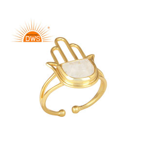 Bague en pierre de lune arc-en-ciel en gros, design main de Hamsa, plaqué or 14 carats, argent 925, bague à bande réglable, bijoux - Product Image 1