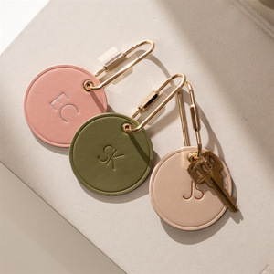 PU round <b>keychain</b> pendant, brass buckle bag accessory, <b>leather</b> tag with hot stamping logo. - Product Image 4
