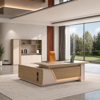 Bureau en mélamine gris écologique avec gestion des câbles, couvercle rabattable, surface stratifiée PVC, table de bureau CEO avec armoire de rangement