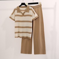 Ensemble pull décontracté et tendance pour femme Tks, nouvelle collection été, respirant, motif rayé, haut tricoté et pantalon large à coupe ample.