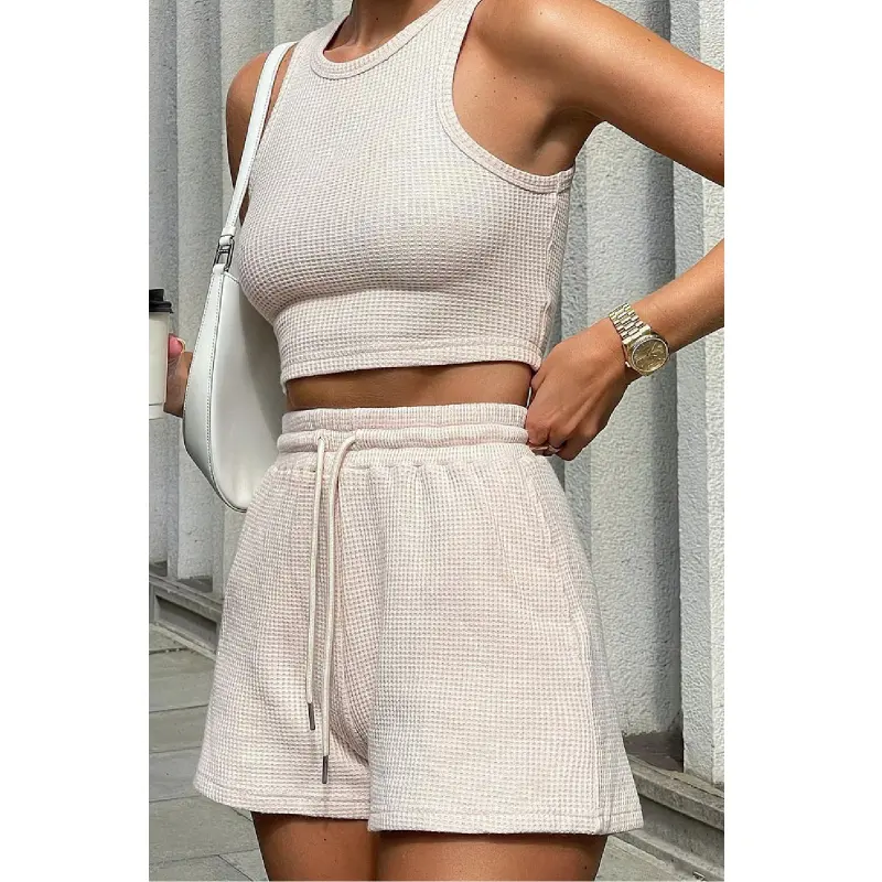 Sport Frau Waffel Tank Top Mit Shorts 2 Stück Set High GSM Strick Lounge Set für Frauen mit benutzer definierten Gummi patch