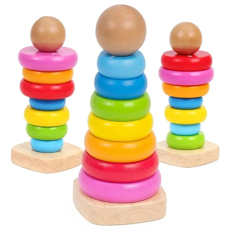 Wholesale Stacked Ring Building Block Set Solid Wood Toy Color Recognition Coordination Custom-made Wooden Rainbow Tower Set