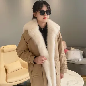 Fashion Adjustable Waist Fur Collar Winter Rabbit Fur Jacket Women Medium Fur Parka Korean Coat