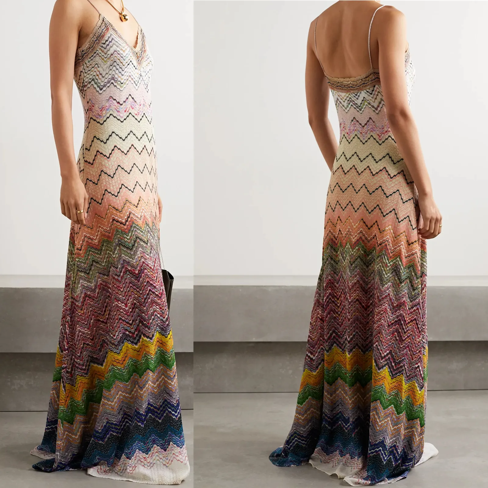 섹시한 여름 니트 반짝이는 레인보우 버전 넥타이 서명 스트랩 바닥 방목 맥시 드레스