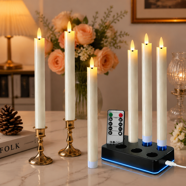 Rechargeable LED Taper Candles 6 Pieces Set with Remote Control Charging Base for Home Decoration Diwali Party