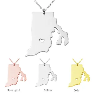 Rhode Island State Necklaces Golden Plated Rhode Island State Charm Shaped Map Necklace With A Heart