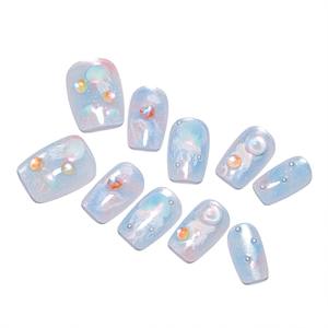 10 Pcs/set Ocean Blue Gradient Cat Eye Bubble Bead <b>Acrylic</b> Pre-designed <b>Glue</b> Almond Shape Nail Art Tips Press Nails Artificial - Product Image 4