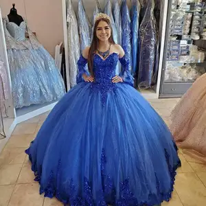 रॉयल ब्लू Quinceanera कपड़े फीता पिपली मनके प्रोम कपड़े मिठाई 15 16 पोशाक के साथ हटाने योग्य आस्तीन