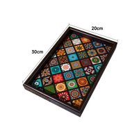 Plateau de rangement en bois à imprimé bohème, plateau décoratif rectangulaire en bois avec motif mandala et doublure en PU, plateau de présentation pour bijoux et thé sur table