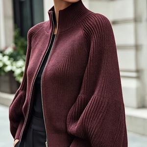 <span class=keywords><strong>Cardigan</strong></span> in Maglia da <span class=keywords><strong>Donna</strong></span> ODM di Tendenza con Collo Alto, <span class=keywords><strong>Zip</strong></span> Intera, Maniche a Lanterna e Texture Grossa per l'Autunno Inverno e l'Uso Quotidiano - Product Image 1