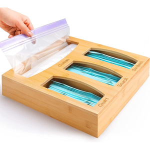 Wooden Storage Box For Zipper Bags With Partitions Gallon Quart Snack Sandwich <b>Kitchen</b> Organizer Bamboo Color Rectangle Shape - Product Image 1