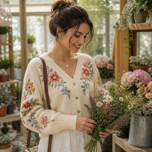Op maat gemaakte dames <span class=keywords><strong>cardigan</strong></span> met bloemenborduursel, V-hals, knoopsluiting, lange mouwen, winter/herfst, OEM ODM groothandel, private label, bulk - Product Image 2